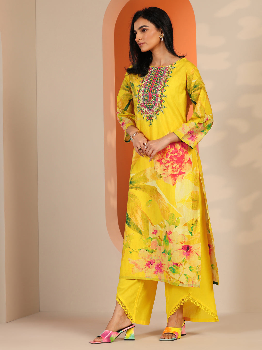 Yellow Printed Cotton Straight Suit Set With Dupatta