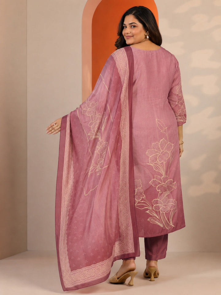 Plus Size Pink Printed Muslin Straight Suit Set With Dupatta