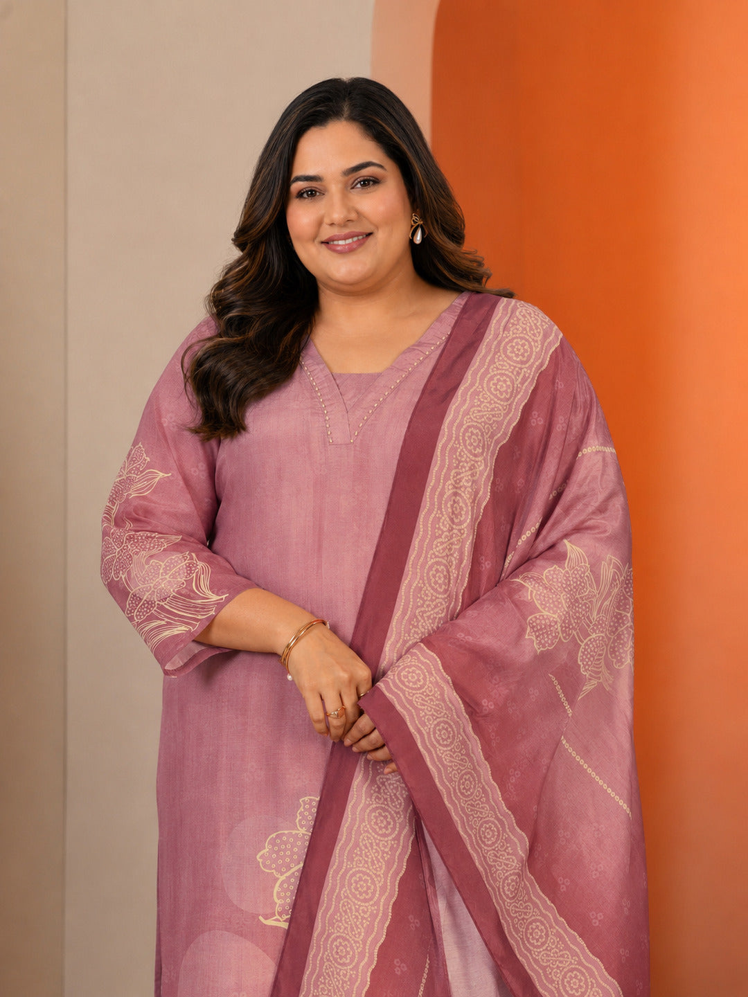 Plus Size Pink Printed Muslin Straight Suit Set With Dupatta