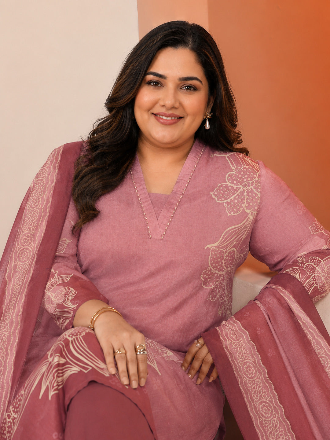 Plus Size Pink Printed Muslin Straight Suit Set With Dupatta