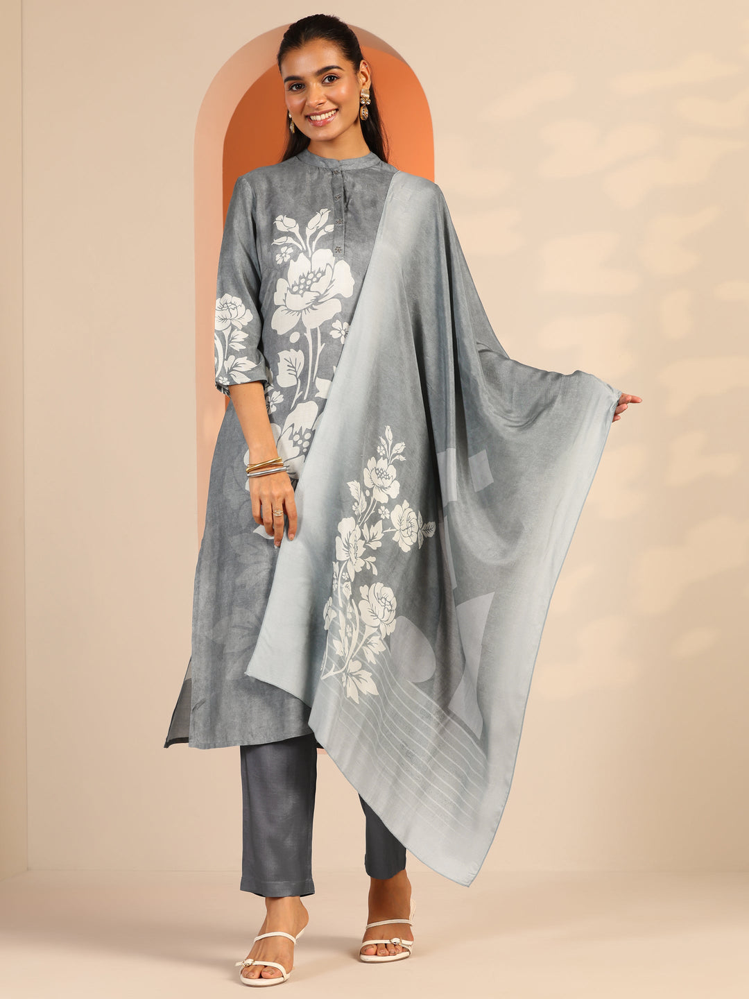Grey Printed Muslin Straight Suit Set With Dupatta