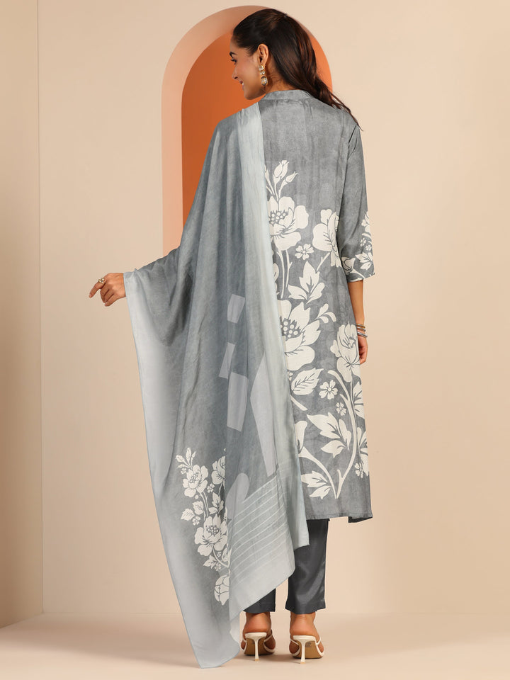 Grey Printed Muslin Straight Suit Set With Dupatta