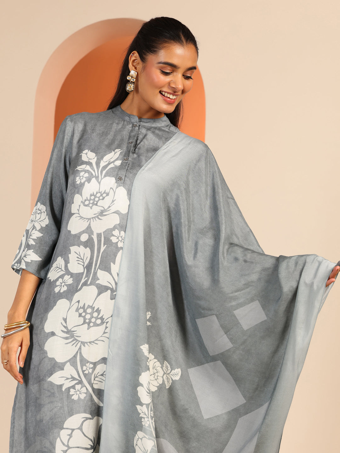 Grey Printed Muslin Straight Suit Set With Dupatta