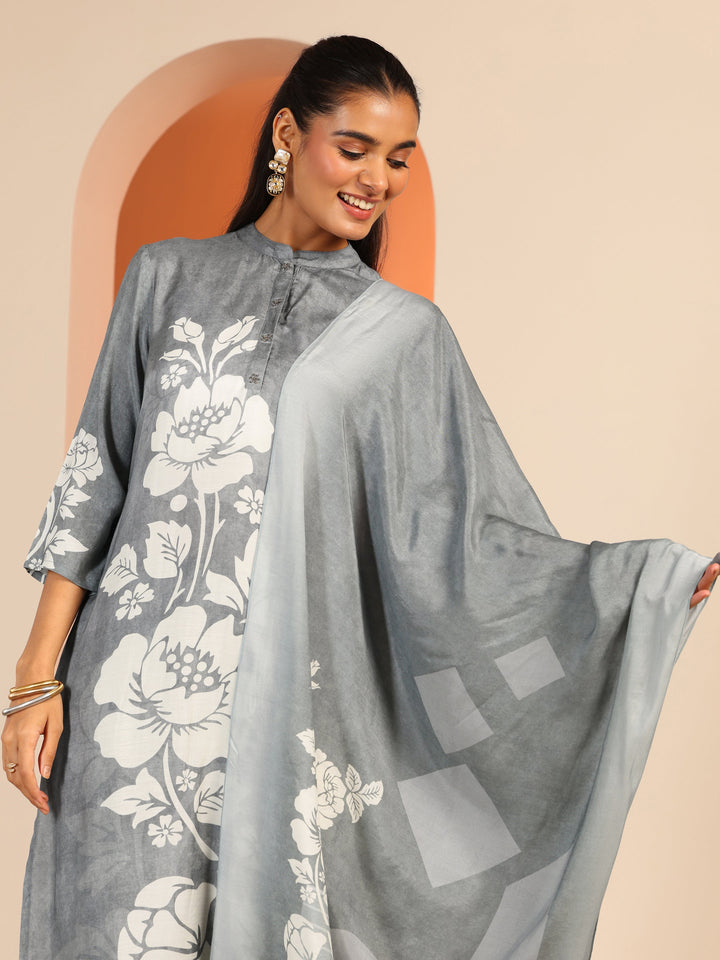 Grey Printed Muslin Straight Suit Set With Dupatta