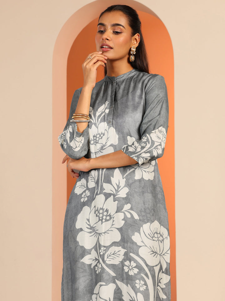 Grey Printed Muslin Straight Suit Set With Dupatta