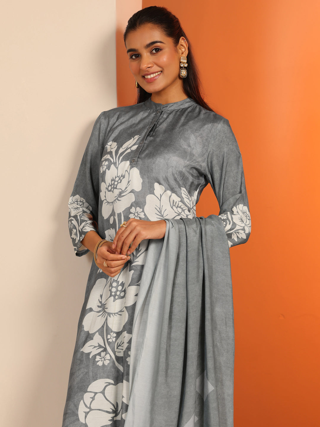 Grey Printed Muslin Straight Suit Set With Dupatta
