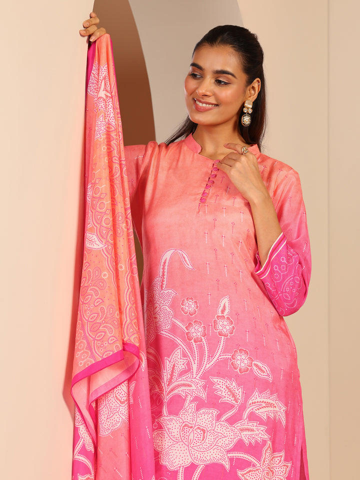 Pink Printed Muslin Straight Suit Set With Dupatta