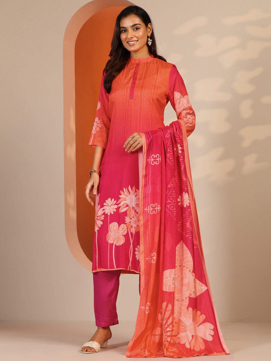 Pink Printed Muslin Straight Suit Set With Dupatta
