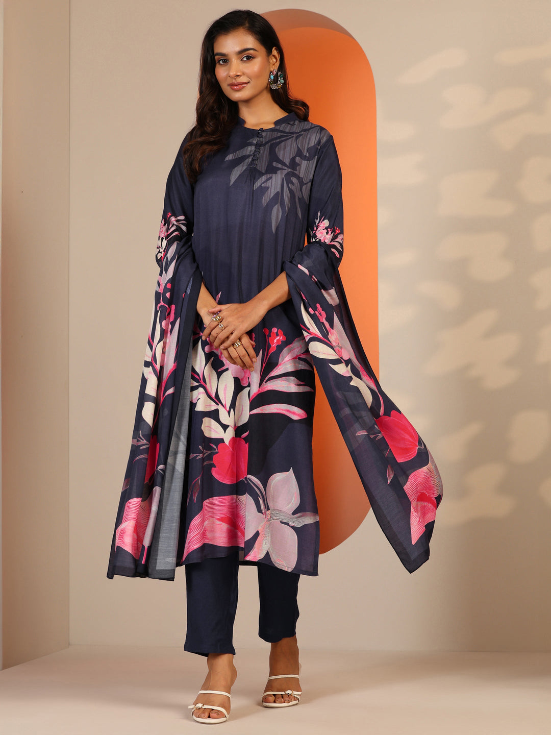 Navy Blue Printed Muslin Straight Suit Set With Dupatta
