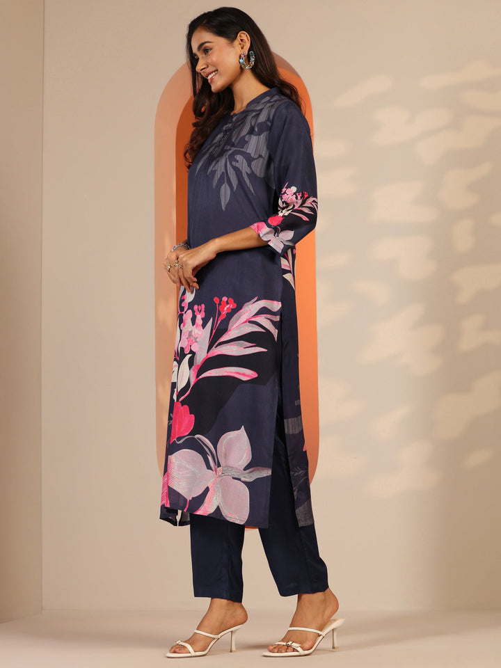 Navy Blue Printed Muslin Straight Suit Set With Dupatta