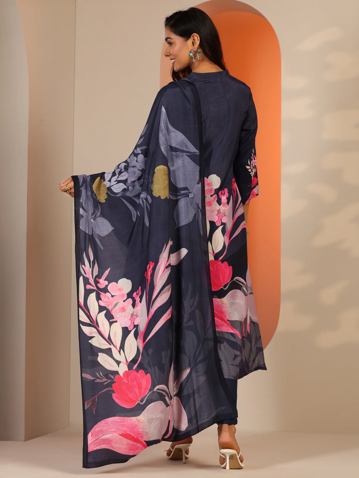 Navy Blue Printed Muslin Straight Suit Set With Dupatta