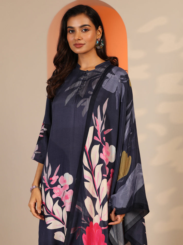 Navy Blue Printed Muslin Straight Suit Set With Dupatta