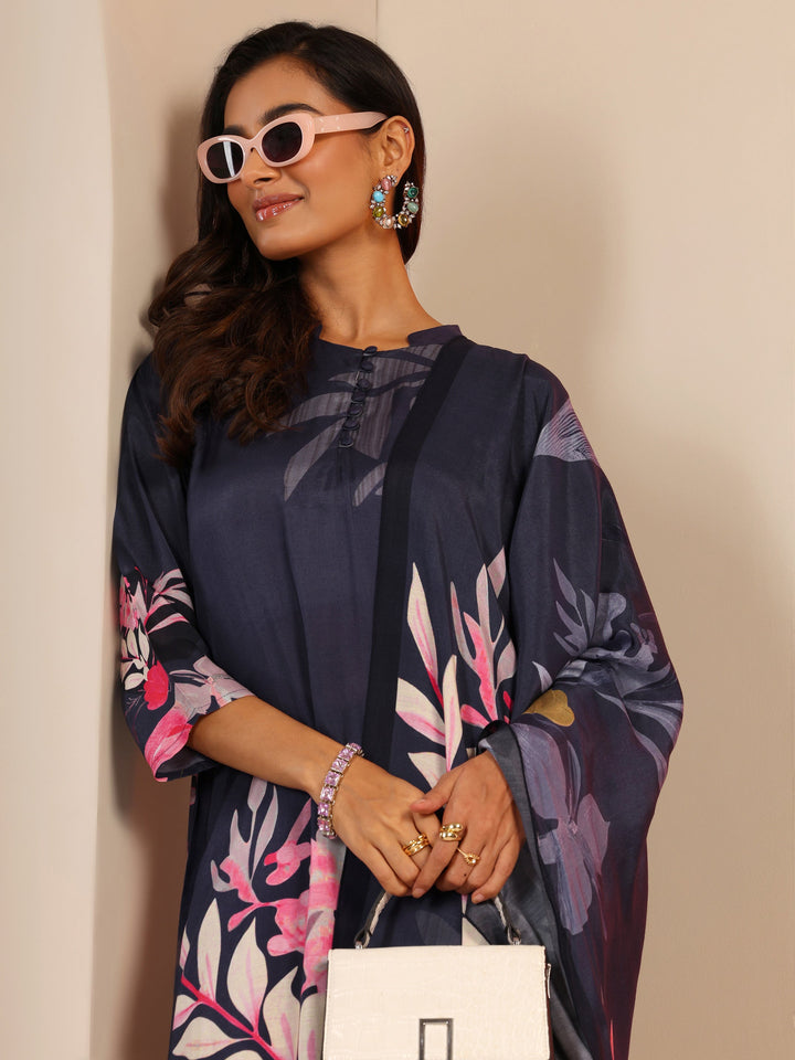 Navy Blue Printed Muslin Straight Suit Set With Dupatta