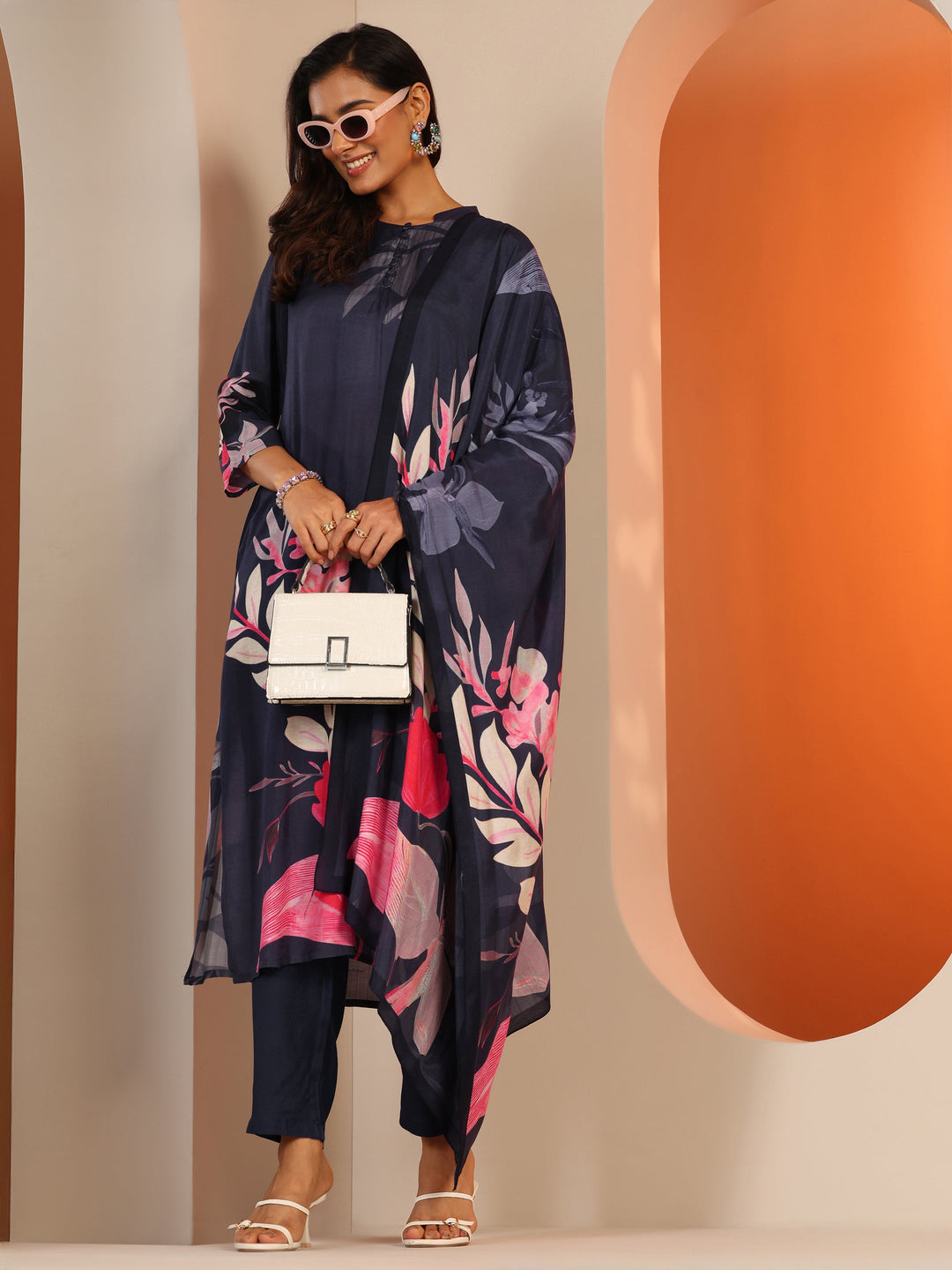Navy Blue Printed Muslin Straight Suit Set With Dupatta