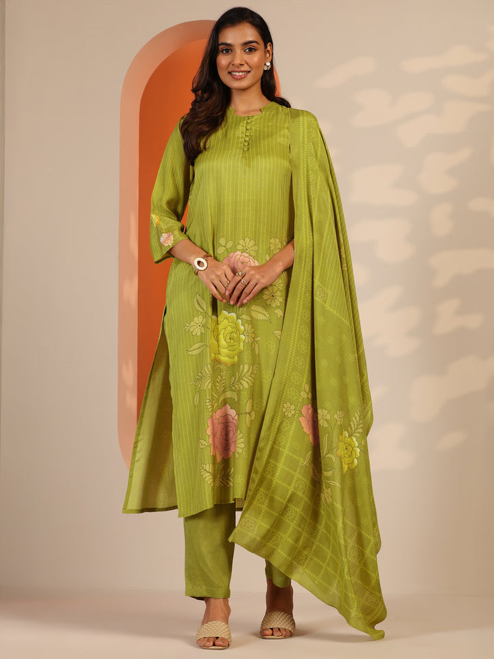Green Printed Muslin Straight Suit Set With Dupatta