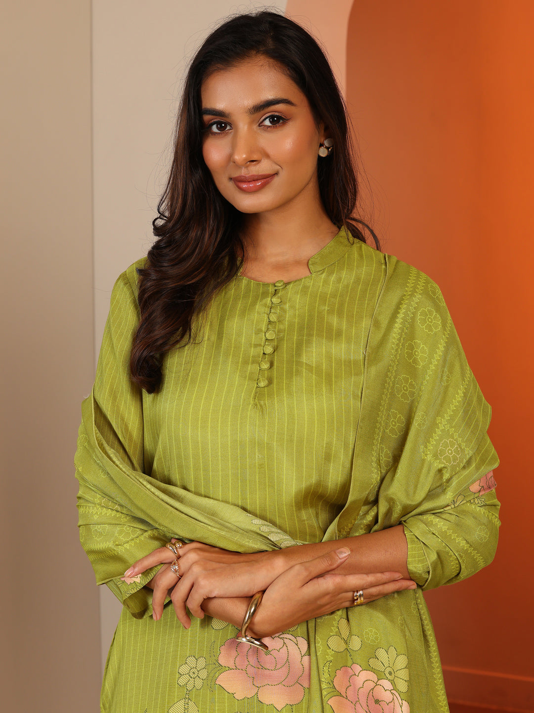 Green Printed Muslin Straight Suit Set With Dupatta