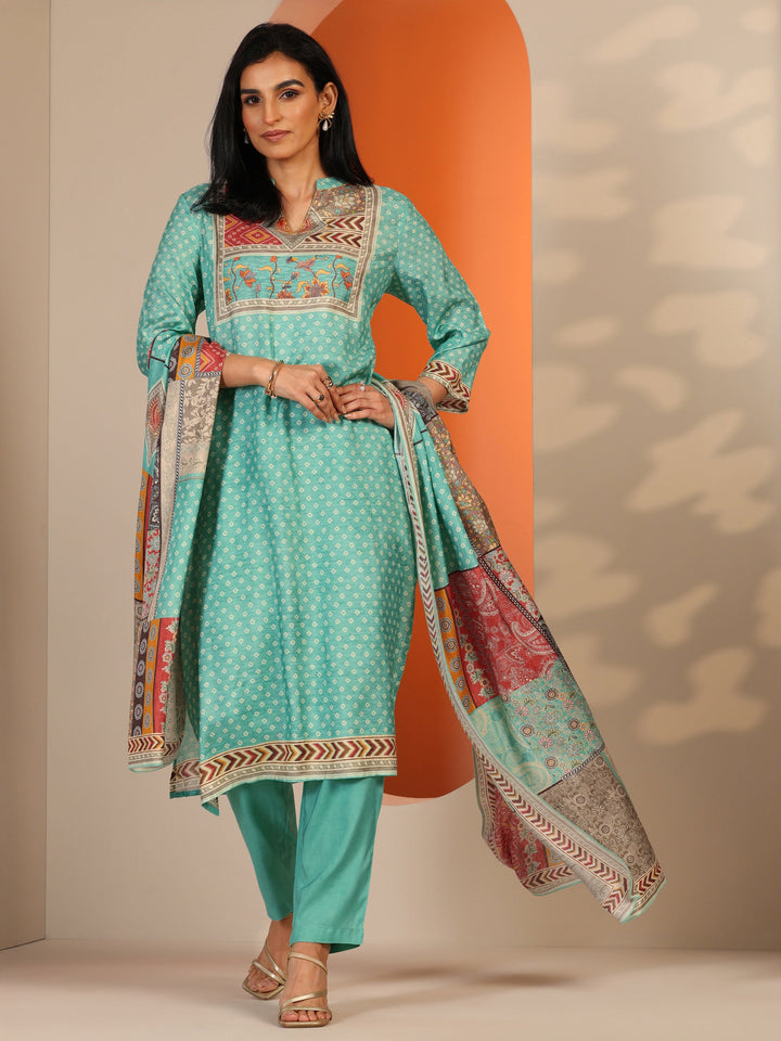 Sea Green Printed Muslin Straight Suit Set With Dupatta