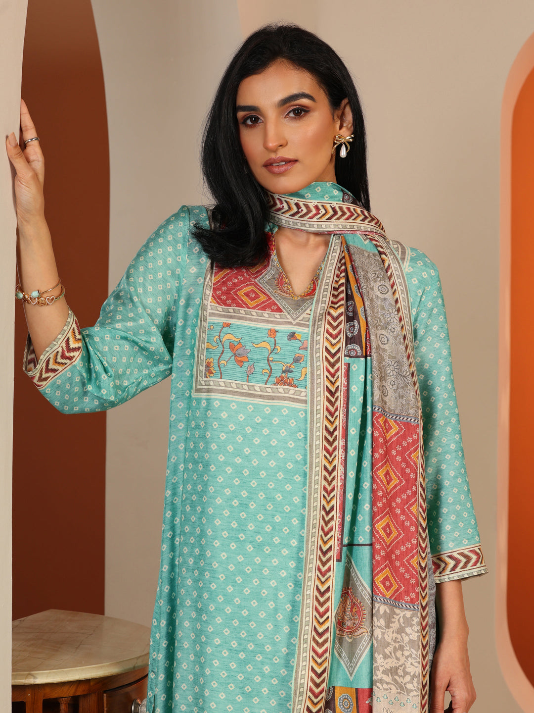 Sea Green Printed Muslin Straight Suit Set With Dupatta