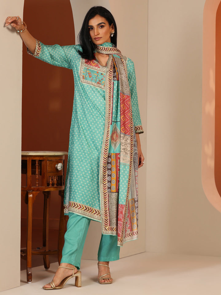 Sea Green Printed Muslin Straight Suit Set With Dupatta