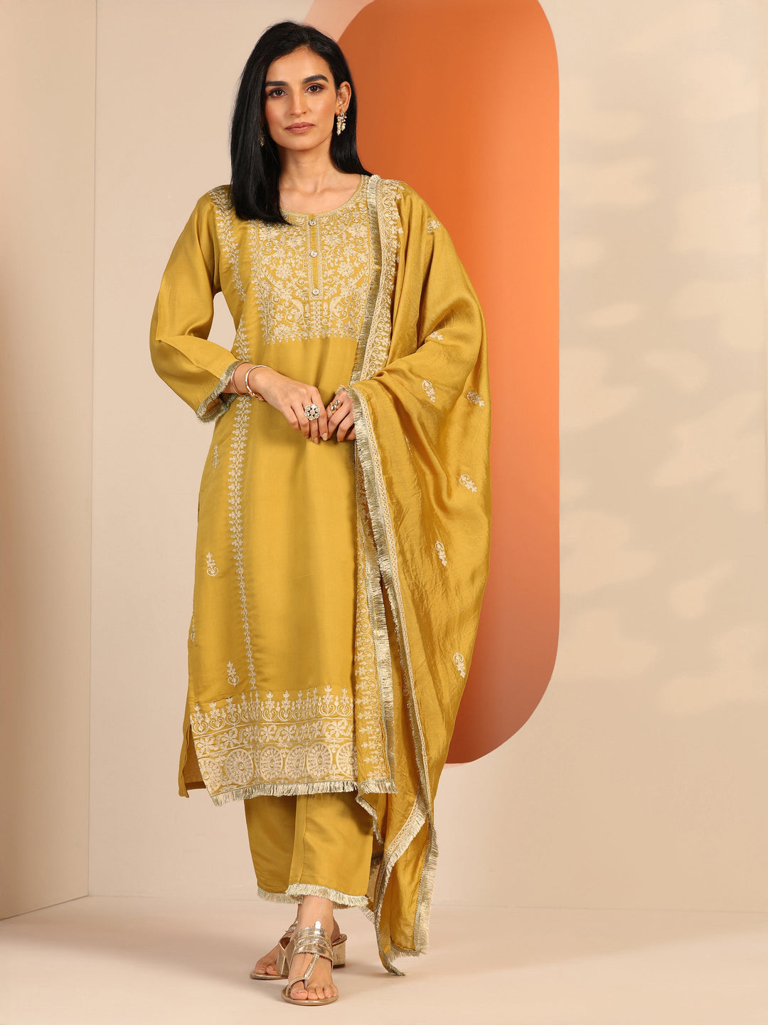 Mustard Embroidered Silk Blend Straight Suit Set With Dupatta
