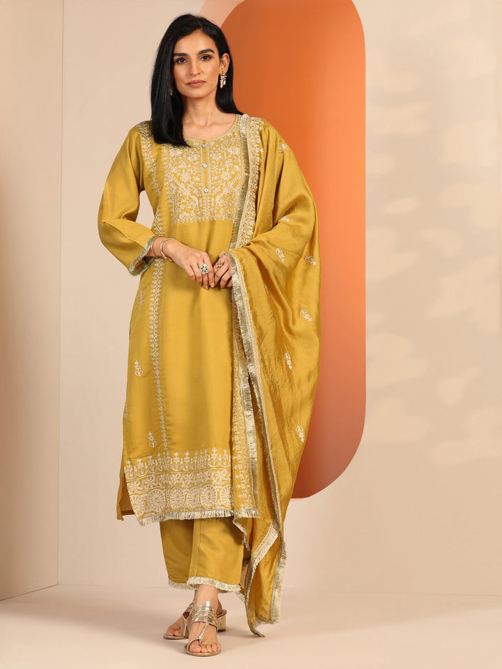 Mustard Embroidered Silk Blend Straight Suit Set With Dupatta