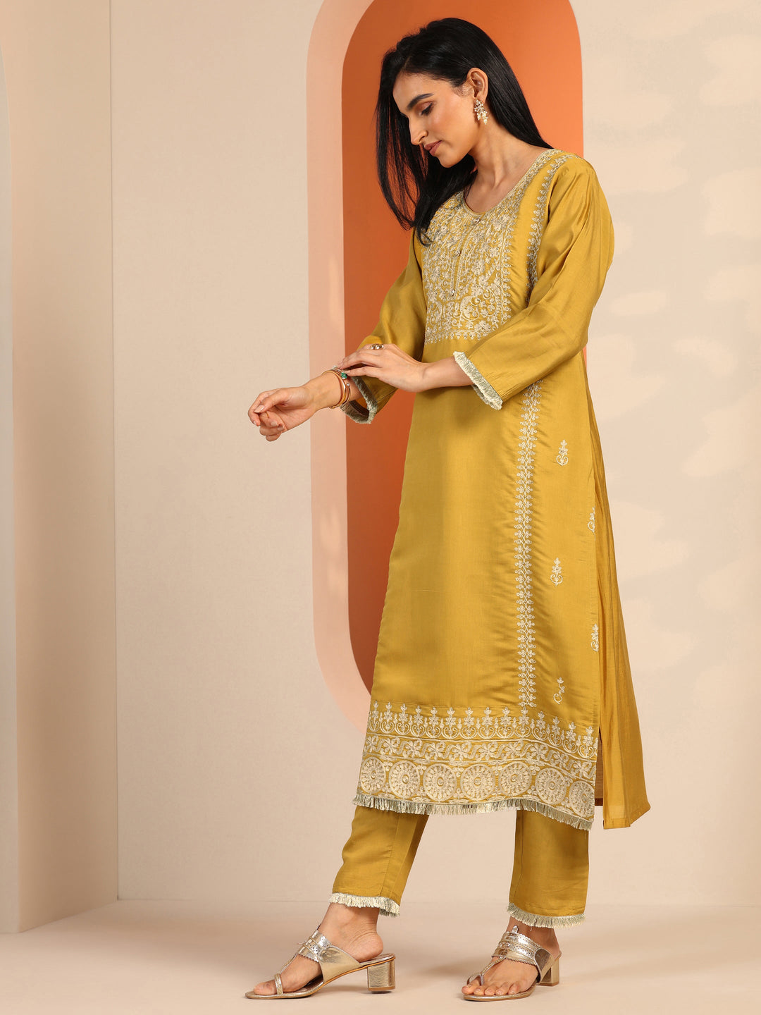 Mustard Embroidered Silk Blend Straight Suit Set With Dupatta