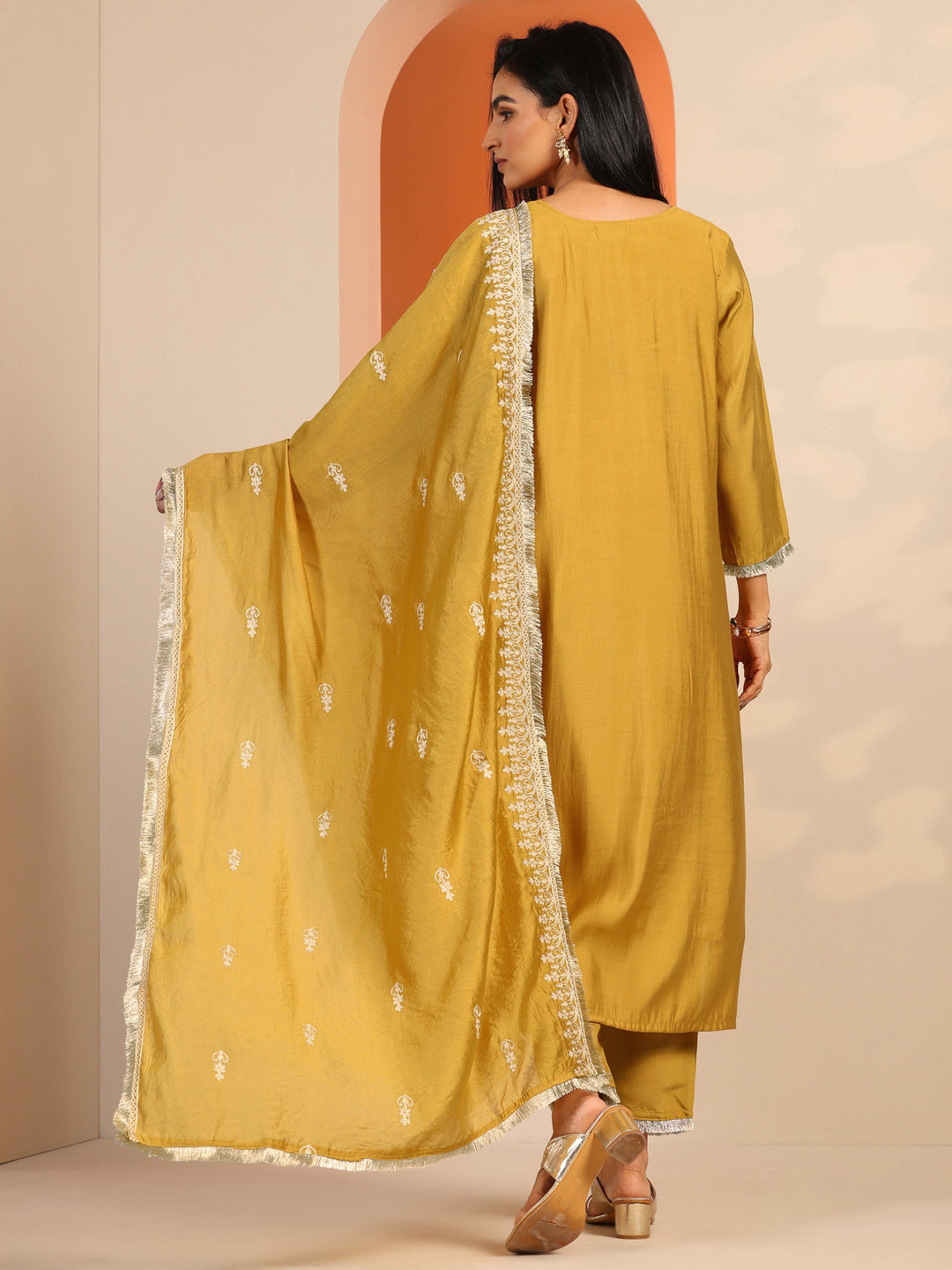Mustard Embroidered Silk Blend Straight Suit Set With Dupatta