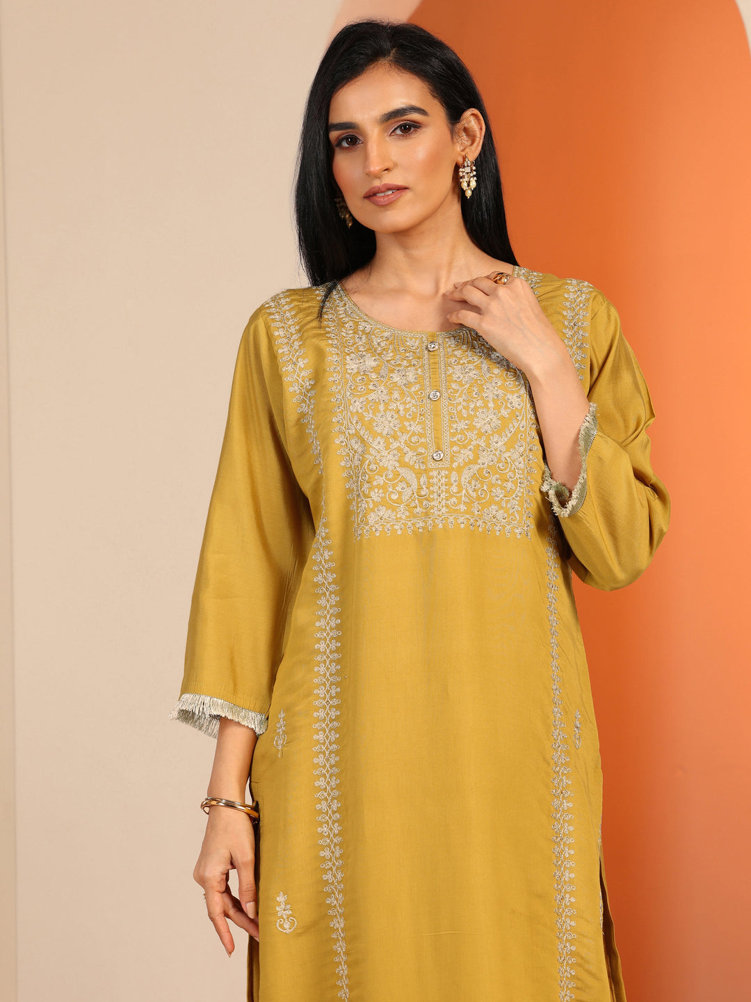 Mustard Embroidered Silk Blend Straight Suit Set With Dupatta