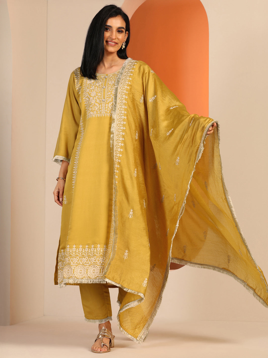 Mustard Embroidered Silk Blend Straight Suit Set With Dupatta