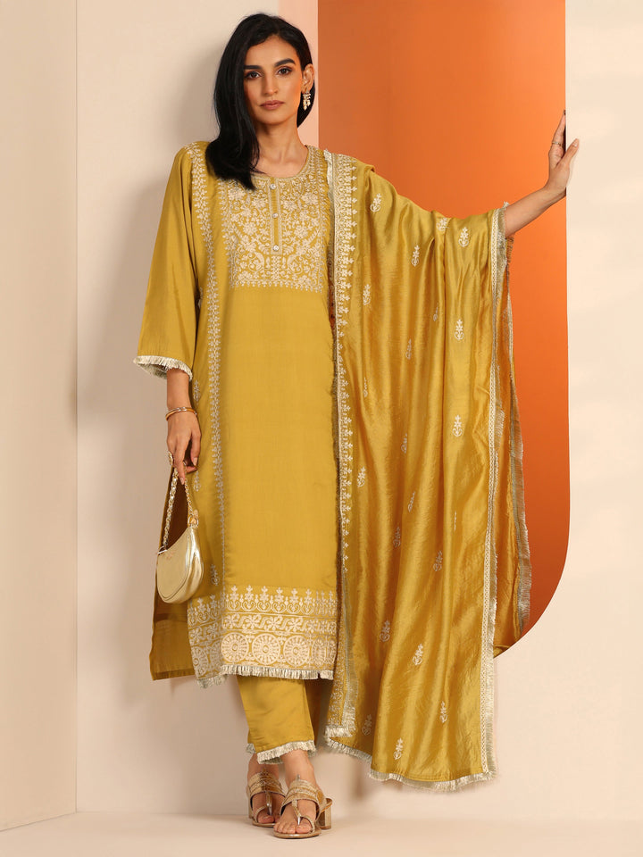 Mustard Embroidered Silk Blend Straight Suit Set With Dupatta