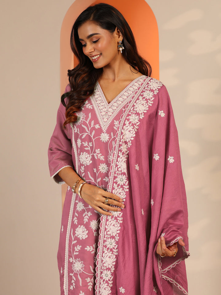 Pink Embroidered Silk Blend Straight Suit Set With Dupatta