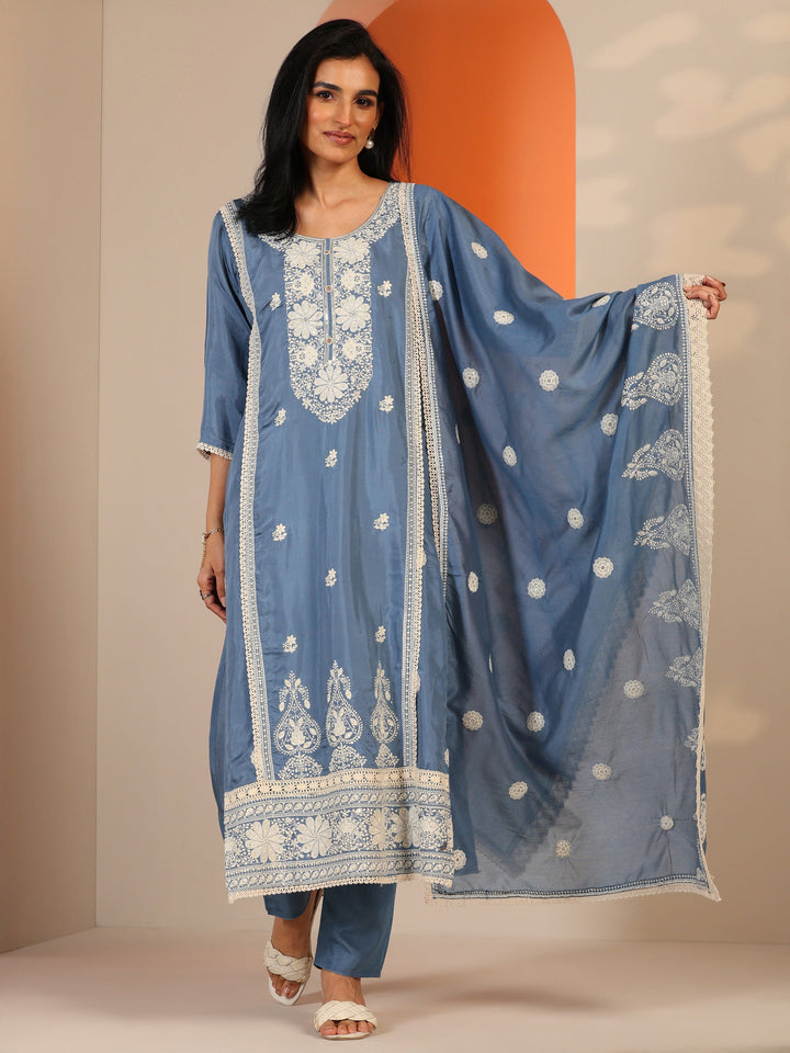 Blue Embroidered Silk Blend Straight Suit Set With Dupatta