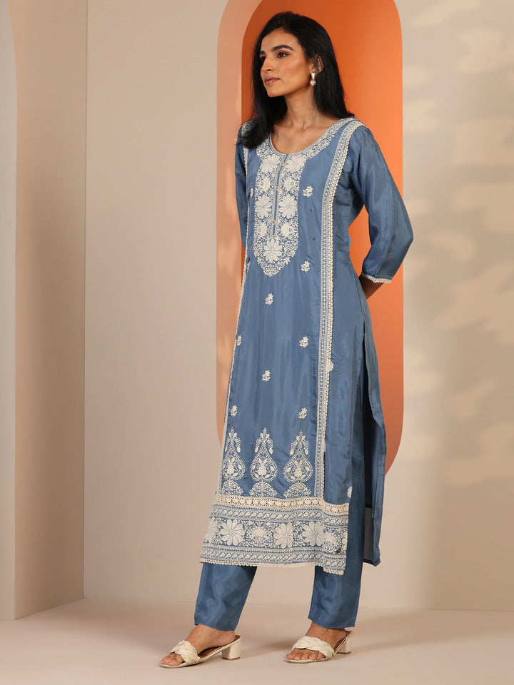 Blue Embroidered Silk Blend Straight Suit Set With Dupatta