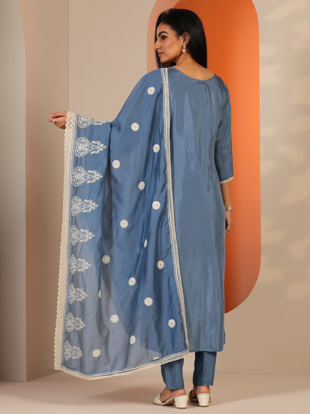 Blue Embroidered Silk Blend Straight Suit Set With Dupatta
