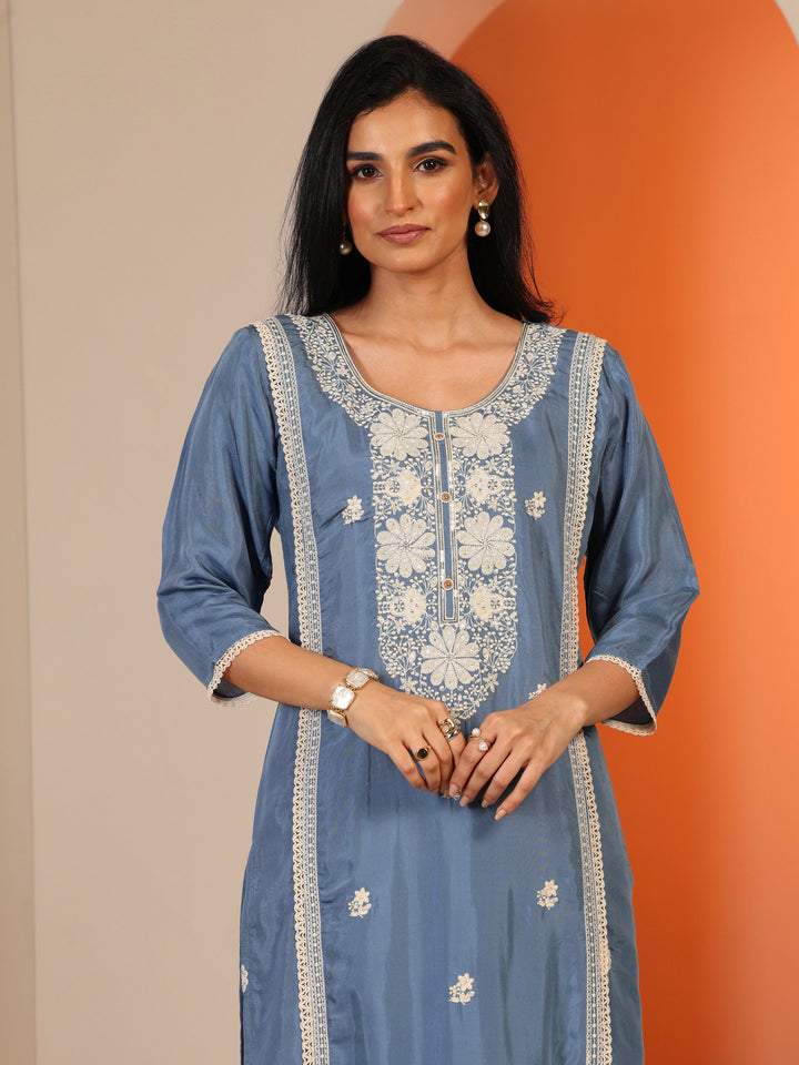 Blue Embroidered Silk Blend Straight Suit Set With Dupatta