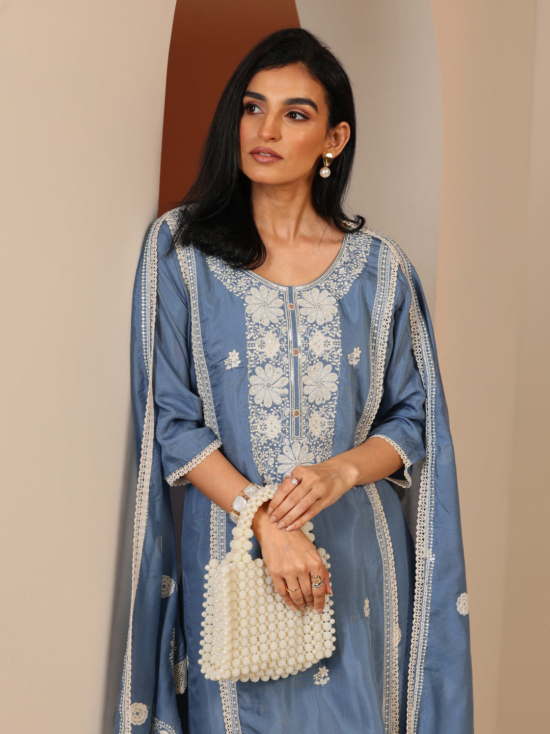 Blue Embroidered Silk Blend Straight Suit Set With Dupatta