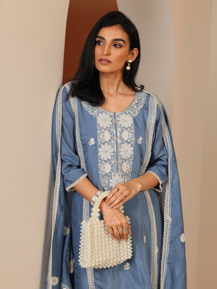 Blue Embroidered Silk Blend Straight Suit Set With Dupatta
