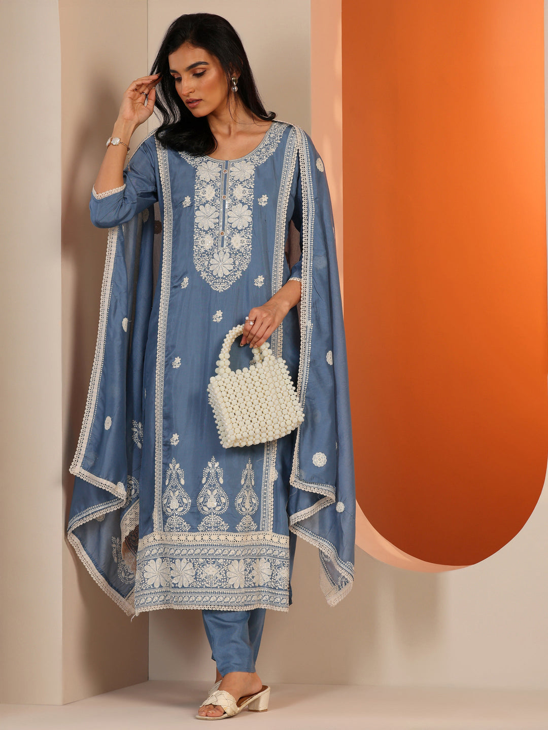 Blue Embroidered Silk Blend Straight Suit Set With Dupatta