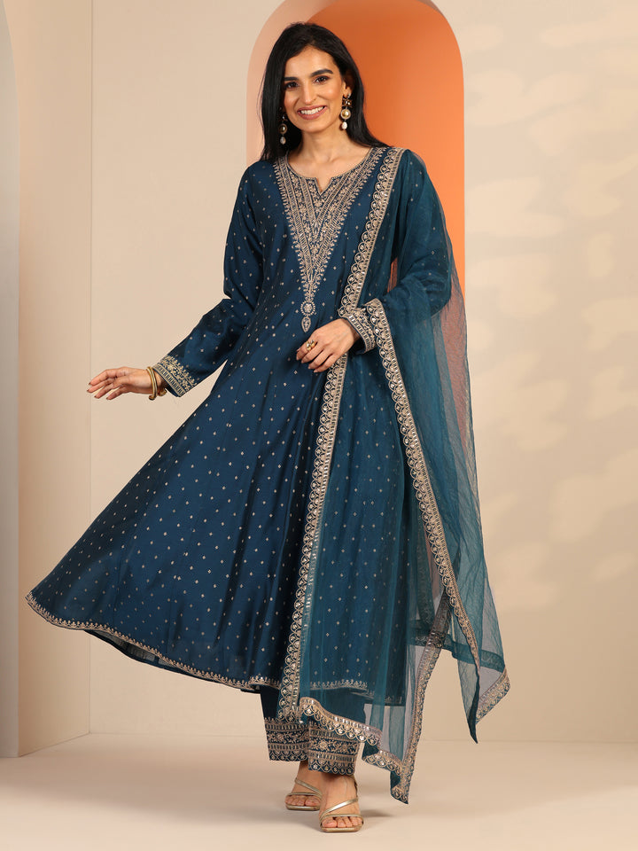 Navy Blue Woven Design Silk Blend A-Line Suit Set With Dupatta