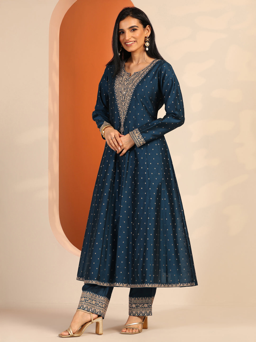 Navy Blue Woven Design Silk Blend A-Line Suit Set With Dupatta