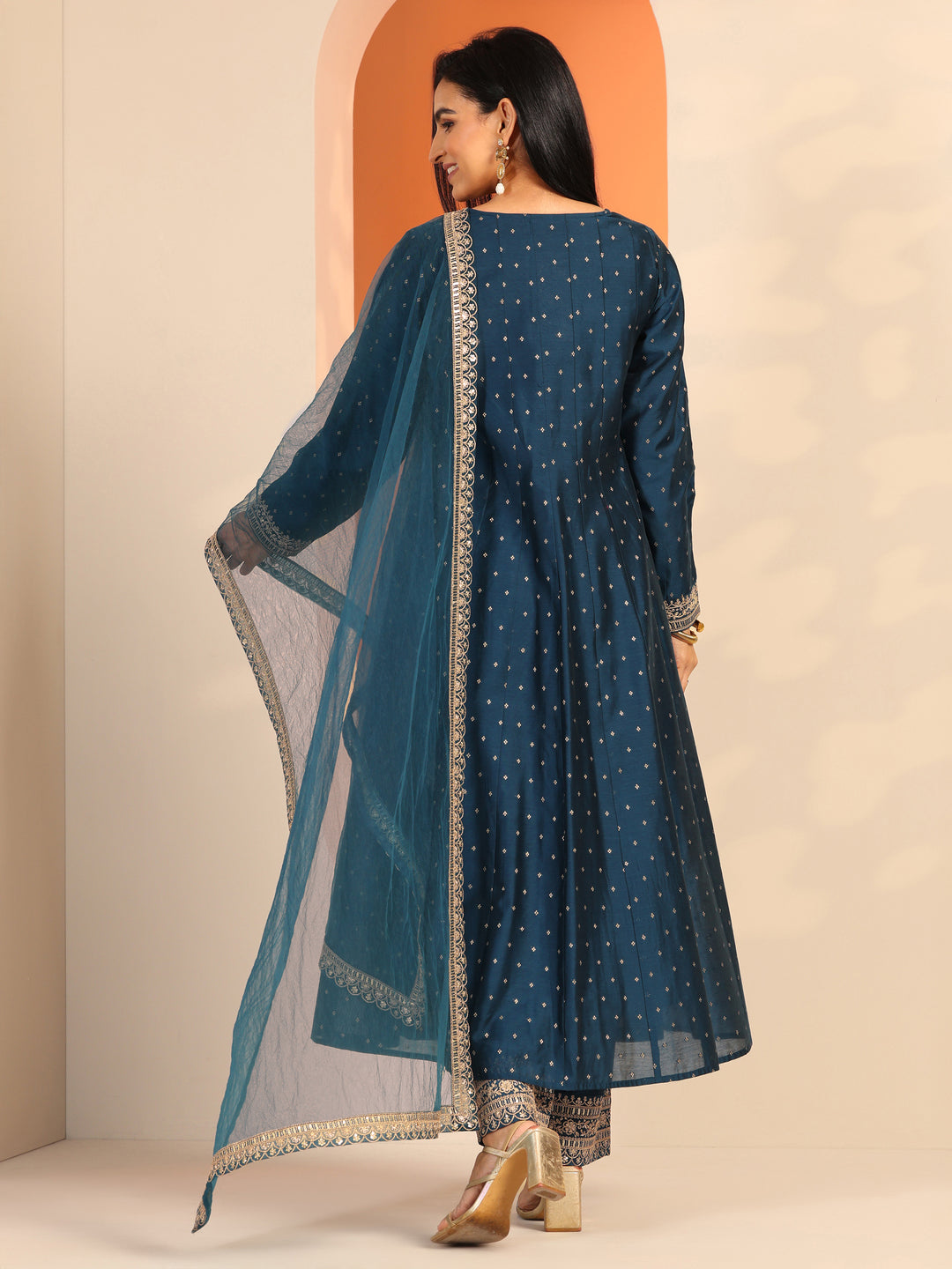 Navy Blue Woven Design Silk Blend A-Line Suit Set With Dupatta