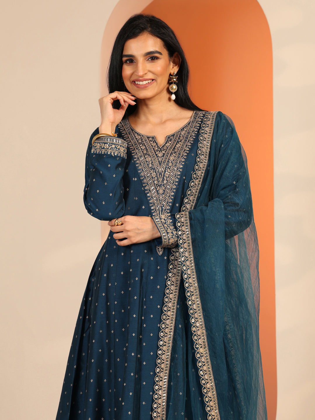 Navy Blue Woven Design Silk Blend A-Line Suit Set With Dupatta