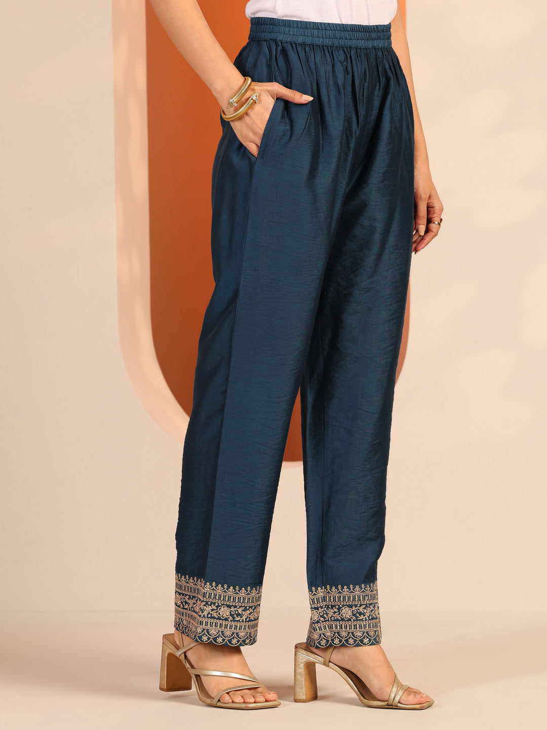 Navy Blue Woven Design Silk Blend A-Line Suit Set With Dupatta