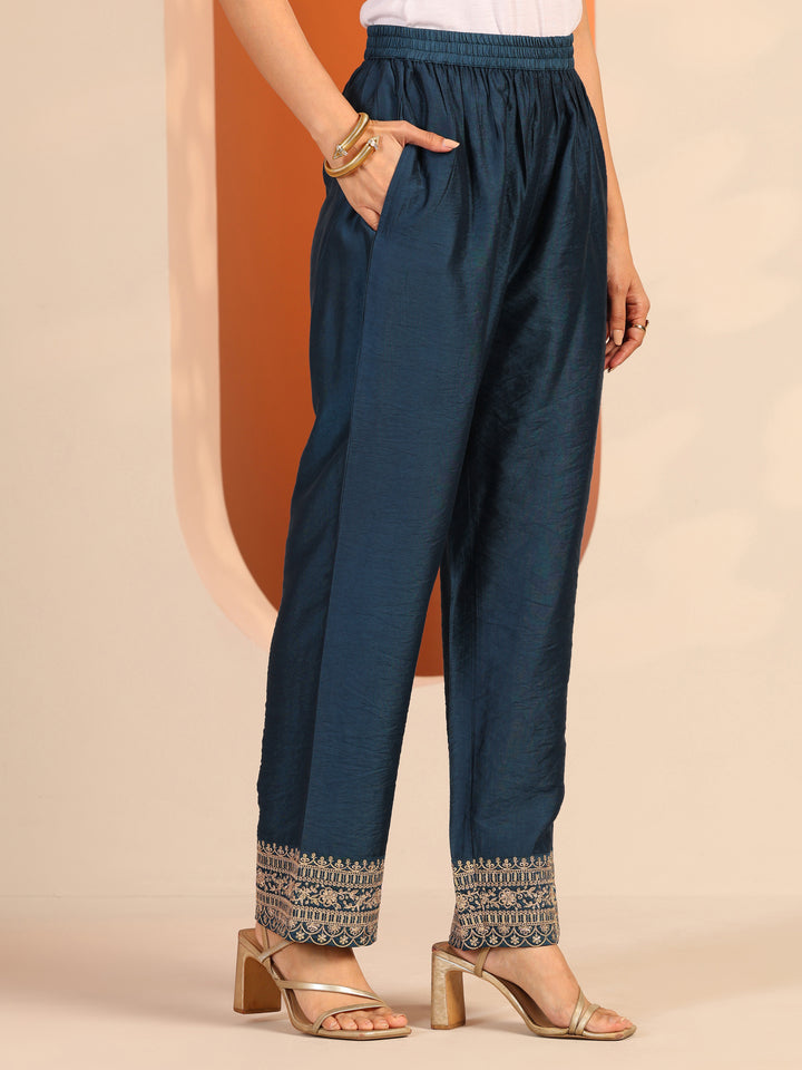 Navy Blue Woven Design Silk Blend A-Line Suit Set With Dupatta