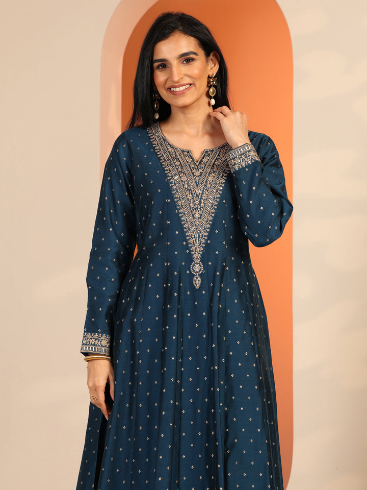 Navy Blue Woven Design Silk Blend A-Line Suit Set With Dupatta