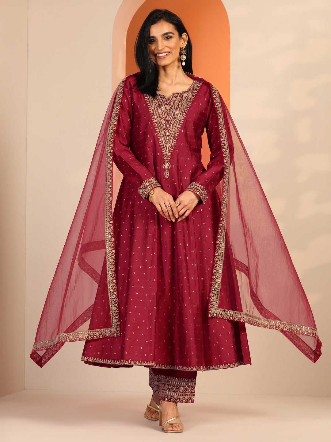 Red Woven Design Silk Blend A-Line Suit Set With Dupatta