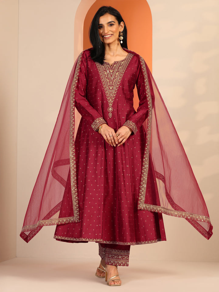 Red Woven Design Silk Blend A-Line Suit Set With Dupatta