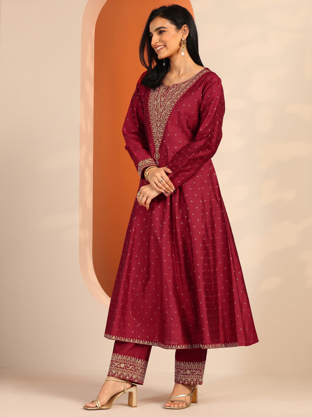 Red Woven Design Silk Blend A-Line Suit Set With Dupatta