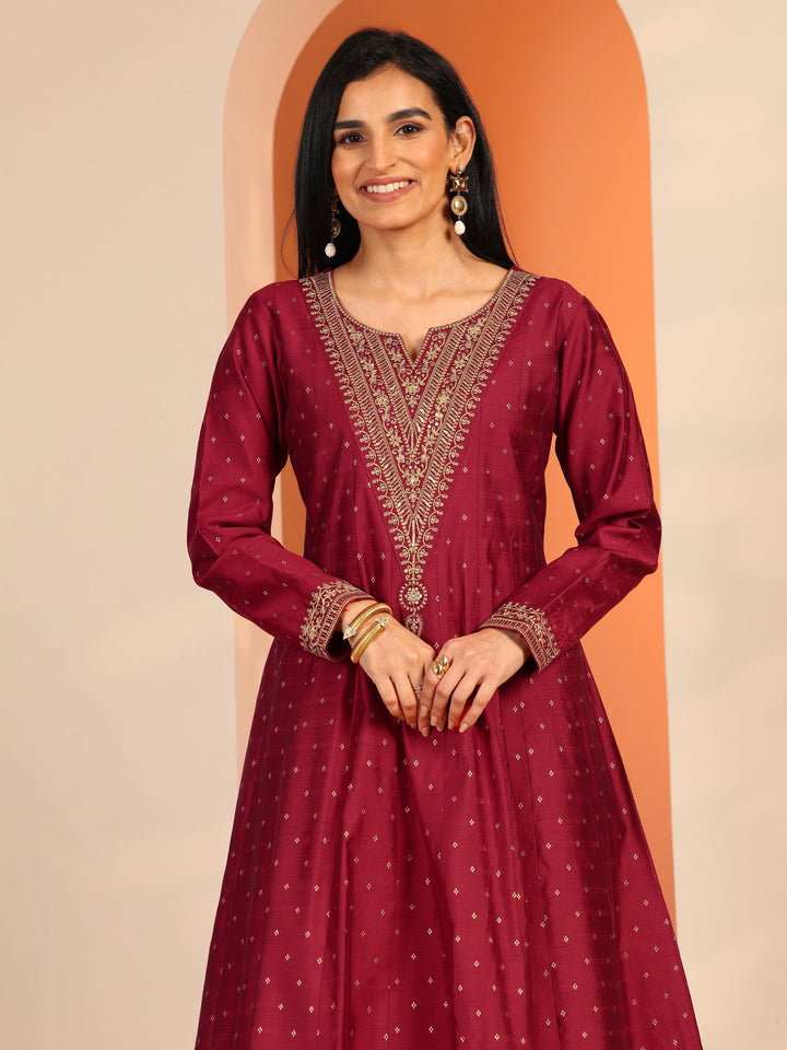 Red Woven Design Silk Blend A-Line Suit Set With Dupatta