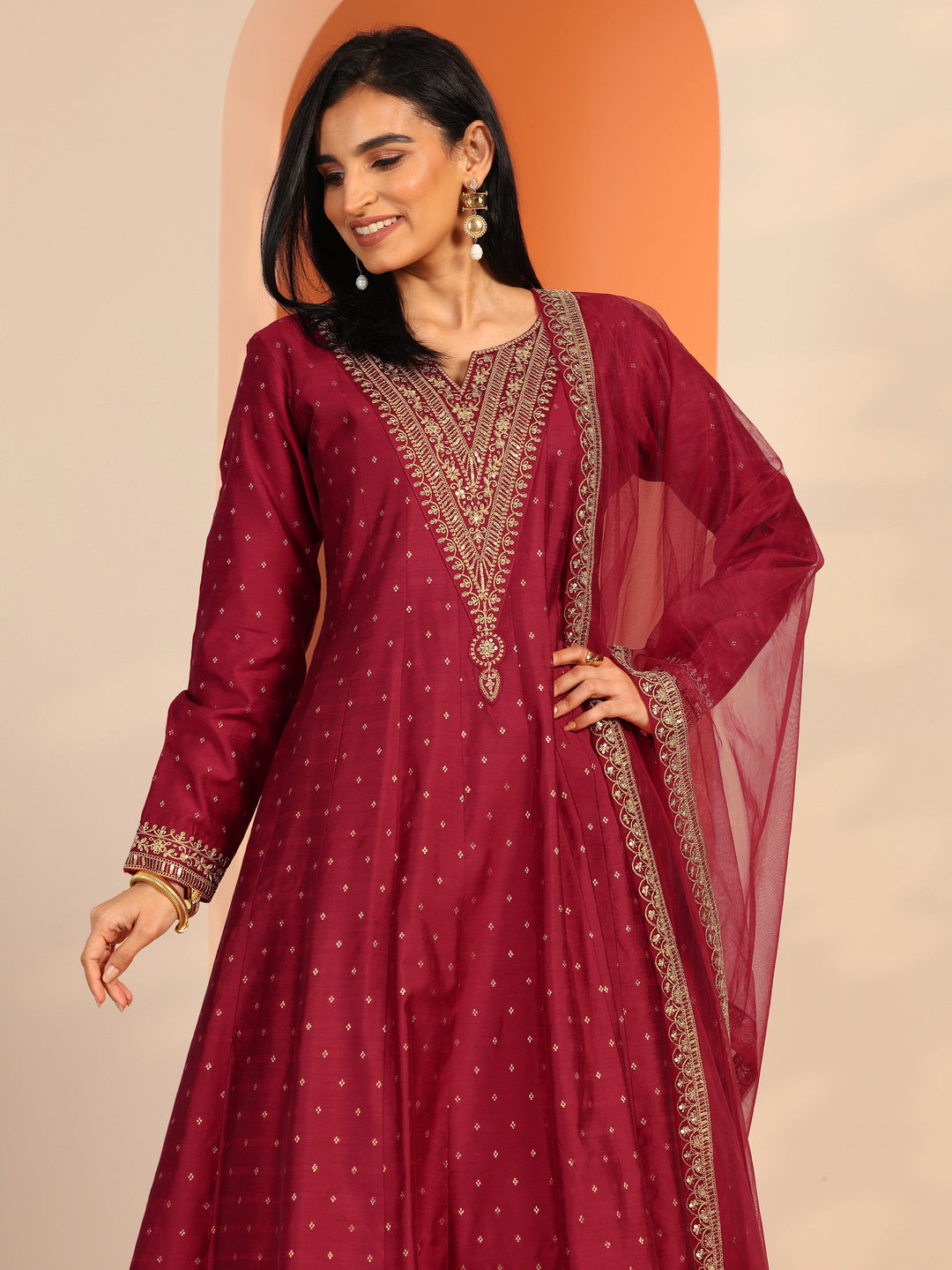 Red Woven Design Silk Blend A-Line Suit Set With Dupatta